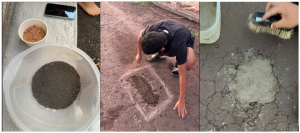 Series of three photos showing the process of creating bio-concrete and filling potholes in Galapagos